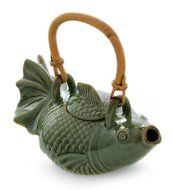 NOVICA Animal Themed Ceramic Teapot, Green, 'Green Koi'