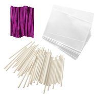 Baking Addict 100 Cake Pop Treat Bag Sets Metallic Twist Ties, Lollipop Sticks, Clear Cello Favor Bags, 4&quot; W,... N5