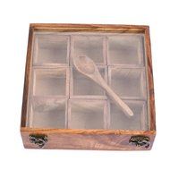 Rusticity Wood Tea / Spice Storage Box with Plastic Lid, Spoon and 9 removable pockets | Handmade | (8x8 in)