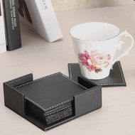 Willcome Set of 6 Leather Round Drink Coasters Cup Mats with Coaster Holder for Wine Beer or Any Beverage Use N15