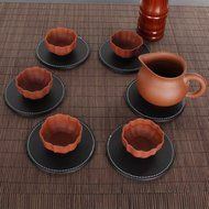 Willcome Set of 6 Leather Round Drink Coasters Cup Mats with Coaster Holder for Wine Beer or Any Beverage Use N17