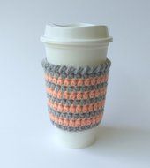 Cafe Latte Cozy, Crochet Coffee Sleeve, Coffee Cozy, Striped Coffee Cup Sleeve, Coral and Grey Cup Cozy