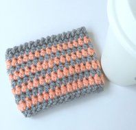 Cafe Latte Cozy, Crochet Coffee Sleeve, Coffee Cozy, Striped Coffee Cup Sleeve, Coral and Grey Cup Cozy N2