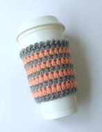 Cafe Latte Cozy, Crochet Coffee Sleeve, Coffee Cozy, Striped Coffee Cup Sleeve, Coral and Grey Cup Cozy N3