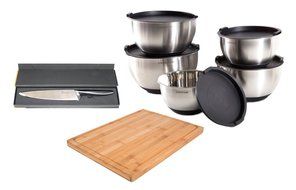 PriorityChef 5 Piece Mixing Bowl Set, Bamboo Chopping Board, and 8 Inch Chef Knife Bundle, Great Gift Set for...