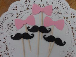 Black Mustache and Pink Bow Cupcake Toppers - Gender Reveal Party - Food Picks - Party Picks - Baby Shower Toppers... N2