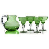 Artland Iris Seeded Turquoise 5 Piece Hand Blown Glass 2.8 Quart Pitcher and Margarita Glass Set N2