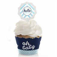 Hello Little One - Blue and Silver - Cupcake Wrapper &amp; Pick Boy Baby Shower Kit - Set of 24