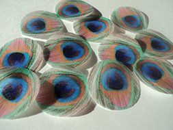 48 round very small 1&quot; Feather Green Edible Decorative Wafer Paper Peacock Feathers &copy; Wedding Cake Cupcake Toppers N3
