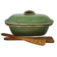 French Home 3.75 quart Stoneware Roaster with Lid and a Set of 13" Olive Wood Spatulas, Cilantro Green