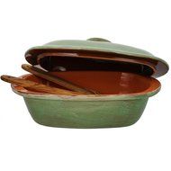 French Home 3.75 quart Stoneware Roaster with Lid and a Set of 13" Olive Wood Spatulas, Cilantro Green N2