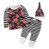 Clothes Set ,BeautyVan Newborn Baby Floral Print Long Sleeve Tops +Stripe Pants Hat Outfits Set Clothes (6M, Black) N7
