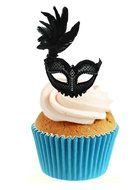 Novelty Masquerade Mask Black Feathers 12 Edible Stand up wafer paper cake toppers (5 - 10 BUSINESS DAYS DELIVERY...