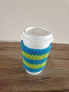 Crochet cup cozy, coffee cup sleeve, reusable coffee sleeve, coffee cup cozy in bright blue and lime green stripes