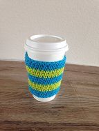 Crochet cup cozy, coffee cup sleeve, reusable coffee sleeve, coffee cup cozy in bright blue and lime green stripes N2