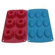 Webake 2 Pack Silicone Cake Molds,Bundt and Madeleine Pan,Round and Heart Shape Muffin Cupcake Pan (Red,Blue) N2