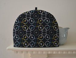 Artisanal Insulated Tea Cozy - Abstract Bicycles Geometric Steel Gray Fine Cotton - 4 Sizes Available
