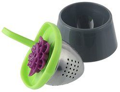 Fackelmann 49115 2x2, 8" Tea Ball "Lotus" With Cup, Green/Pink/Grey N4