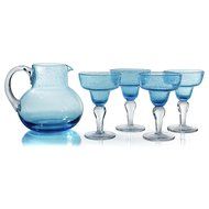 Artland Iris Seeded Turquoise 5 Piece Hand Blown Glass 2.8 Quart Pitcher and Margarita Glass Set N3