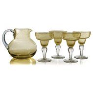 Artland Iris Seeded Turquoise 5 Piece Hand Blown Glass 2.8 Quart Pitcher and Margarita Glass Set N4