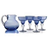 Artland Iris Seeded Turquoise 5 Piece Hand Blown Glass 2.8 Quart Pitcher and Margarita Glass Set N5