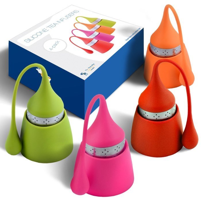 The Friendly Swede Silicone Tea Infuser, Set of 4 Strainers - Drip Tray included (Mix) N3