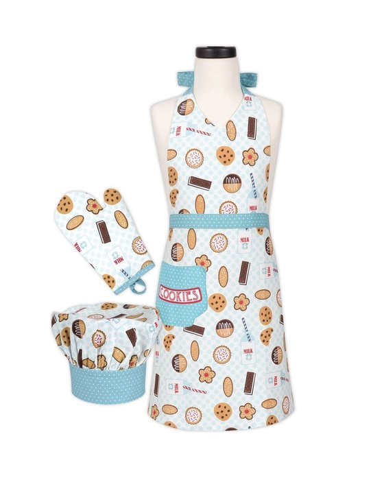 Child's Apron, Chef Hat and Baking Mitt Set - Milk and Cookies Design N3
