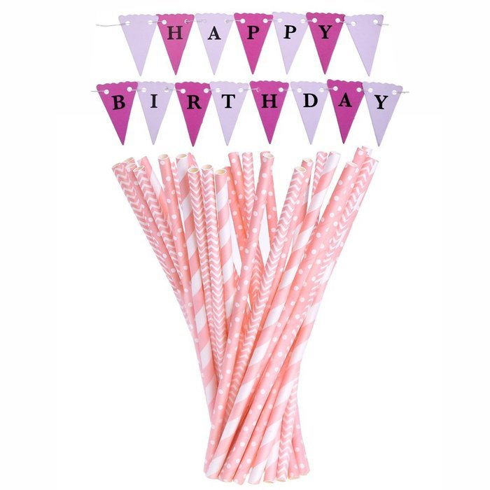 eBoot Pink Paper Straws 3 Patterns 75 Pieces with Happy Birthday Banner N4