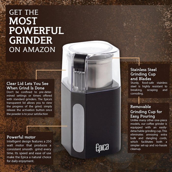 Epica Electric Coffee Grinder & Spice Grinder -Stainless Steel Blades and Removable Grinding Cup for Easy Pouring...