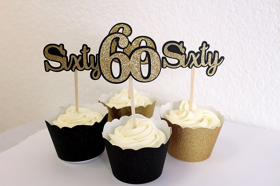 All About Details Black & Gold Sixty Cupcake Toppers, Set of 12 N2