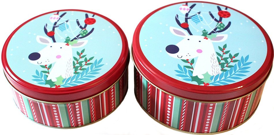 Christmas Holiday Round Nesting Cookie Gift Tins - Set of 2 - 6.5" x 3" and 6" x 2.5" N5