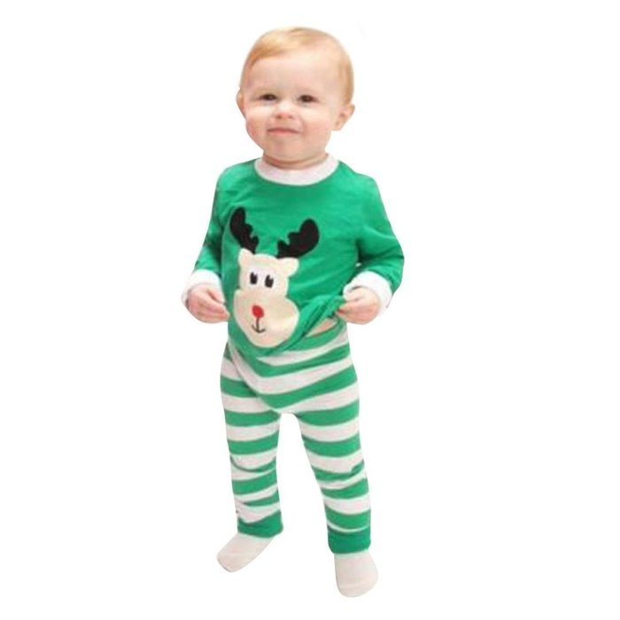 Sleepwear ,BeautyVan Kid Baby Christmas Elk Print Stripe Long Sleeve Top Shirt+Pants Outfits Set (130, Green) N5