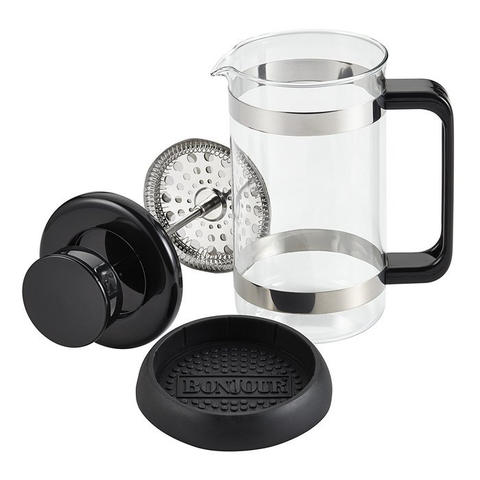 BonJour Coffee Borosilicate Glass French Press with Coaster & Scoop, 12.7-Ounce, Riviera, Black N5