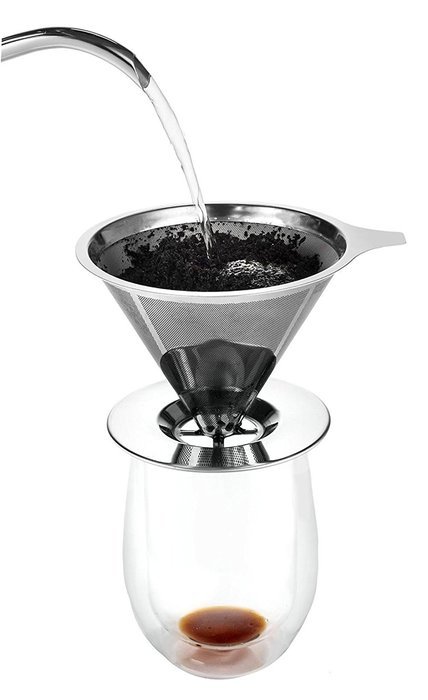 Agile-Shop Paperless Pour Over Cone Coffee Dripper, Stainless Steel Reusable Coffee Filter with Cup Stand (2 Cup) N6