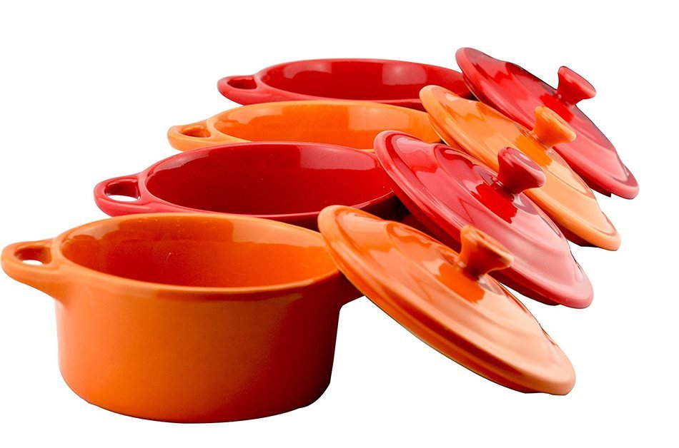 Set of 4 Lifver 7oz Porcelain Casserole Dish/Mini Casserole Set, Cherry Red & Orange, Round. N4