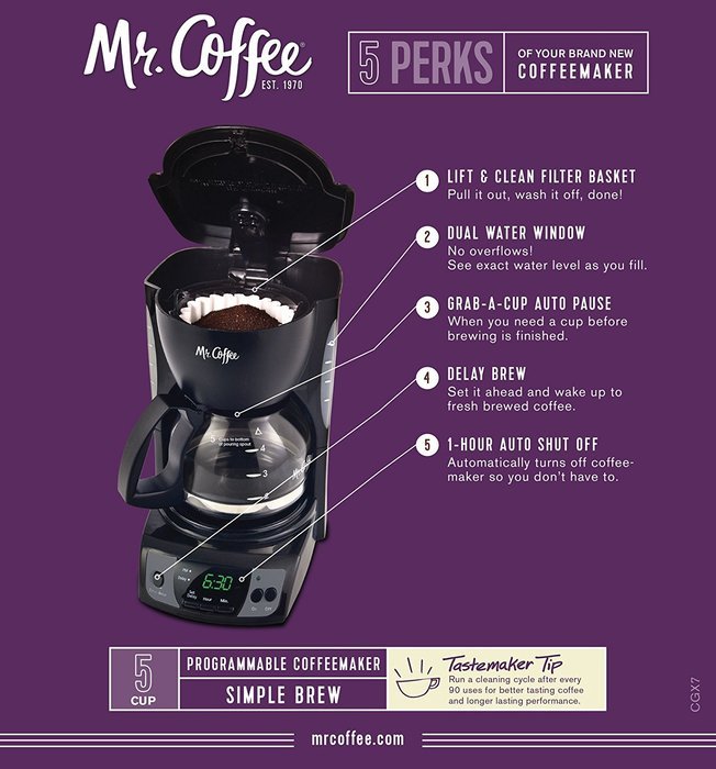 Mr. Coffee CGX7 5-Cup Programmable Coffeemaker, Black N3