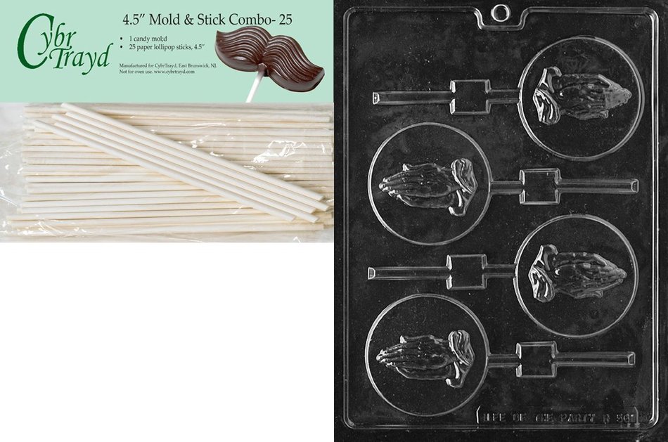 Cybrtrayd 45St25-R056 Praying Hands Lolly Religion Chocolate Candy Mold with 25 Cybrtrayd 4.5-Inch Lollipop Sticks