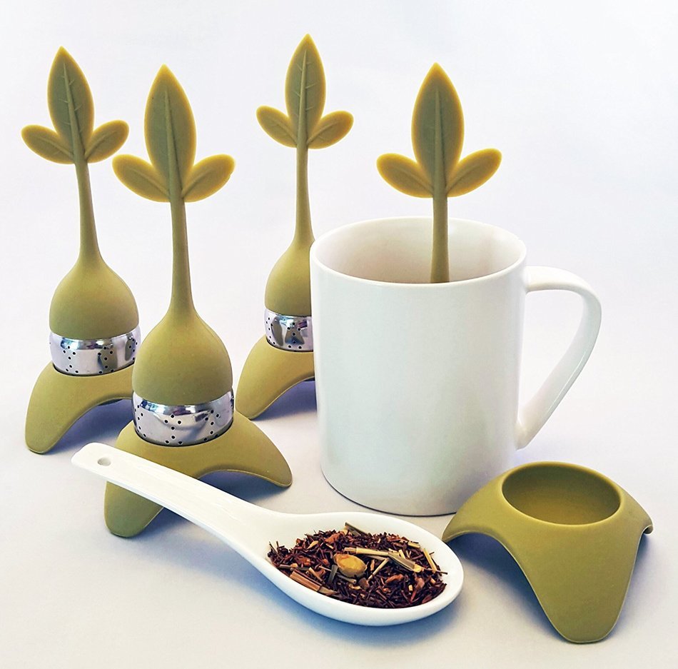 Tea Infuser with Stylish Three Leaf Silicone Handle and Stainless Steel Strainer Ball Filter includes Drip Tray... N34