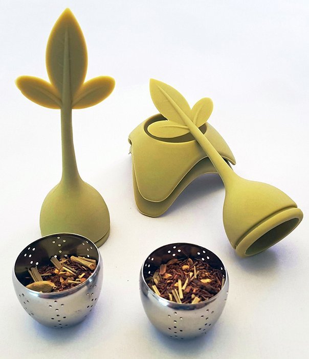 Tea Infuser with Stylish Three Leaf Silicone Handle and Stainless Steel Strainer Ball Filter includes Drip Tray... N39
