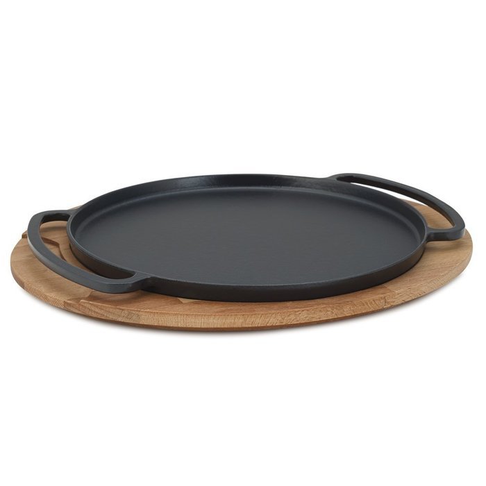 Essenso Chambery Specialty Cast Iron Pizza Pan with Wooden Trivet Tray with Four-Layer Enamel Interior and Exterior... N3