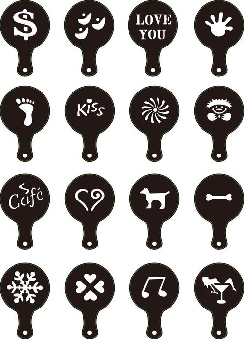 Sealike 16 Pcs Coffee Barista Stencils Template Cappuccino Art Stencils Strew Pad Spray with Stylus