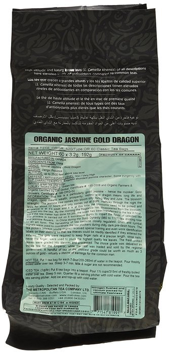Metropolitan Tea 60 Count Classic Teabags, Jasmine Gold Dragon