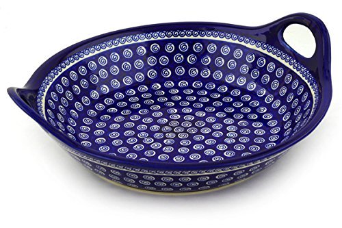 Polish Pottery Bowl with Handles 16-inch Cobalt Swirl N2