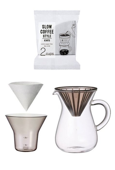 Two Cup Carafe Coffee Set by Kinto Japan for "Slow" Coffee with Extra Filters (Total of 80 Filters)