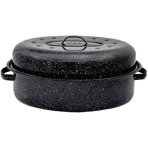 15" Oval Carbon Steel Construction Roaster with Lid, Black