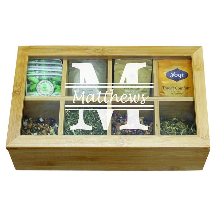 Personalized Wooden Tea Box Storage Organizer Caddy and Tea Bag Holder, Engraved Gift for Housewarming, Kitchen... N4