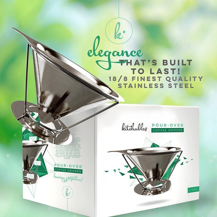 Pour Over Coffee Filter - Stainless Steel Drip Cone Dripper with Stand. Paperless, Reusable, Dual Filter Micro-Mesh... N5