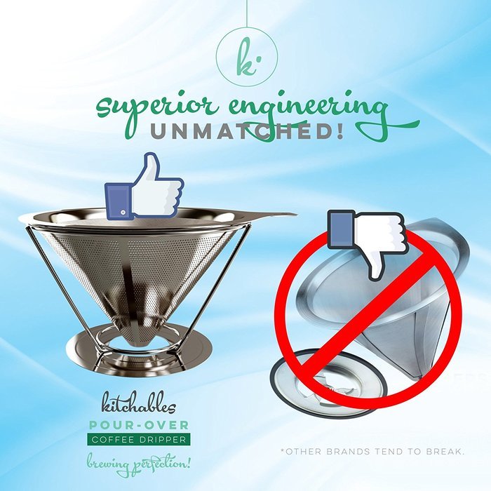 Pour Over Coffee Filter - Stainless Steel Drip Cone Dripper with Stand. Paperless, Reusable, Dual Filter Micro-Mesh... N6