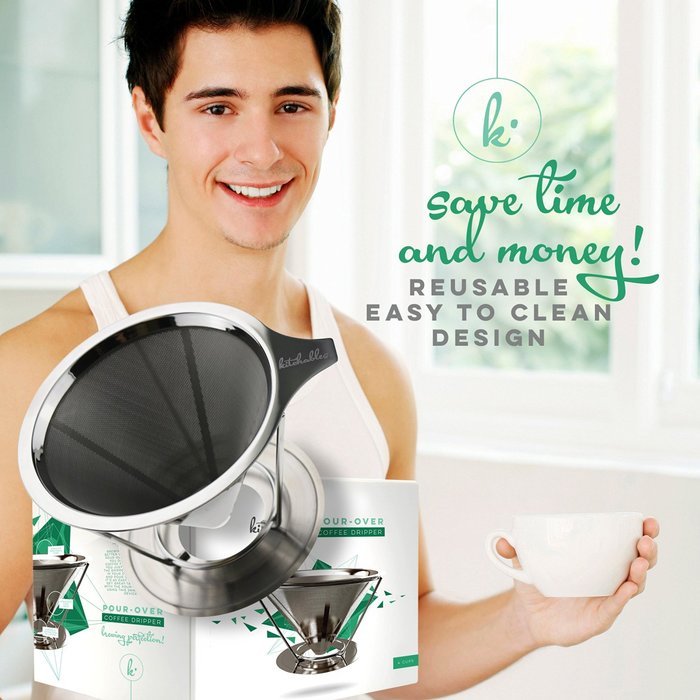 Pour Over Coffee Filter - Stainless Steel Drip Cone Dripper with Stand. Paperless, Reusable, Dual Filter Micro-Mesh... N7