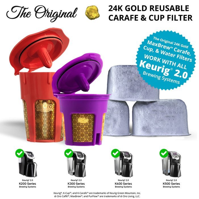 MaxBrew 24K GOLD Keurig Accessories (1) Single K-Cup Reusable (1) K-Carafe Reusable (3) Premium Water Filters... N4